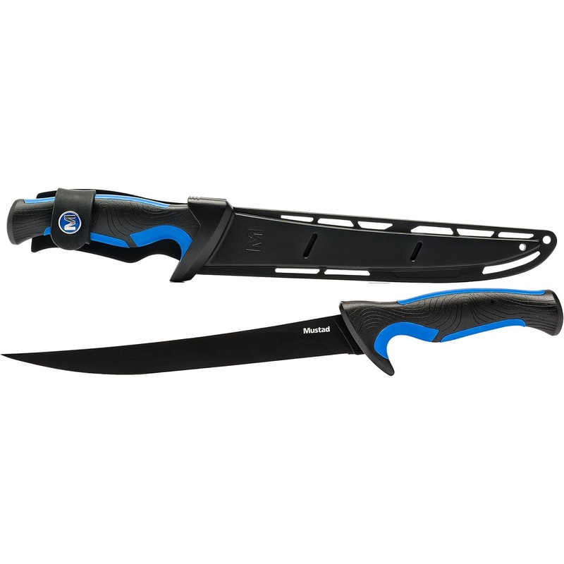 Mustad Fillet Knife, Ergonomic Handle, Teflon 420 SS Blade, w/Sheath 9", Blue
