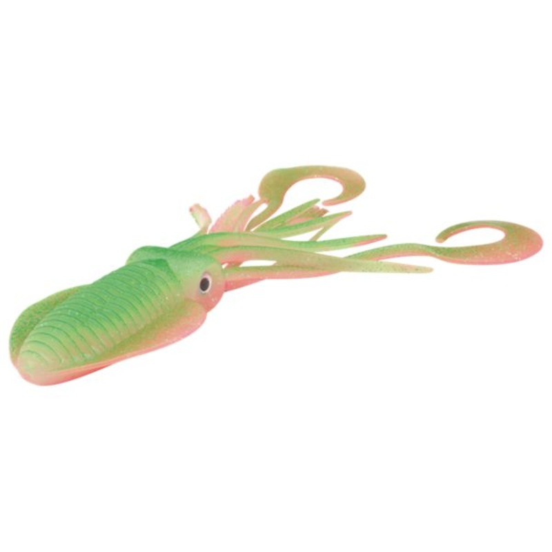 P-Line Twin Tail Squid - 4-1/2" - Green/Pink Glow Glitter